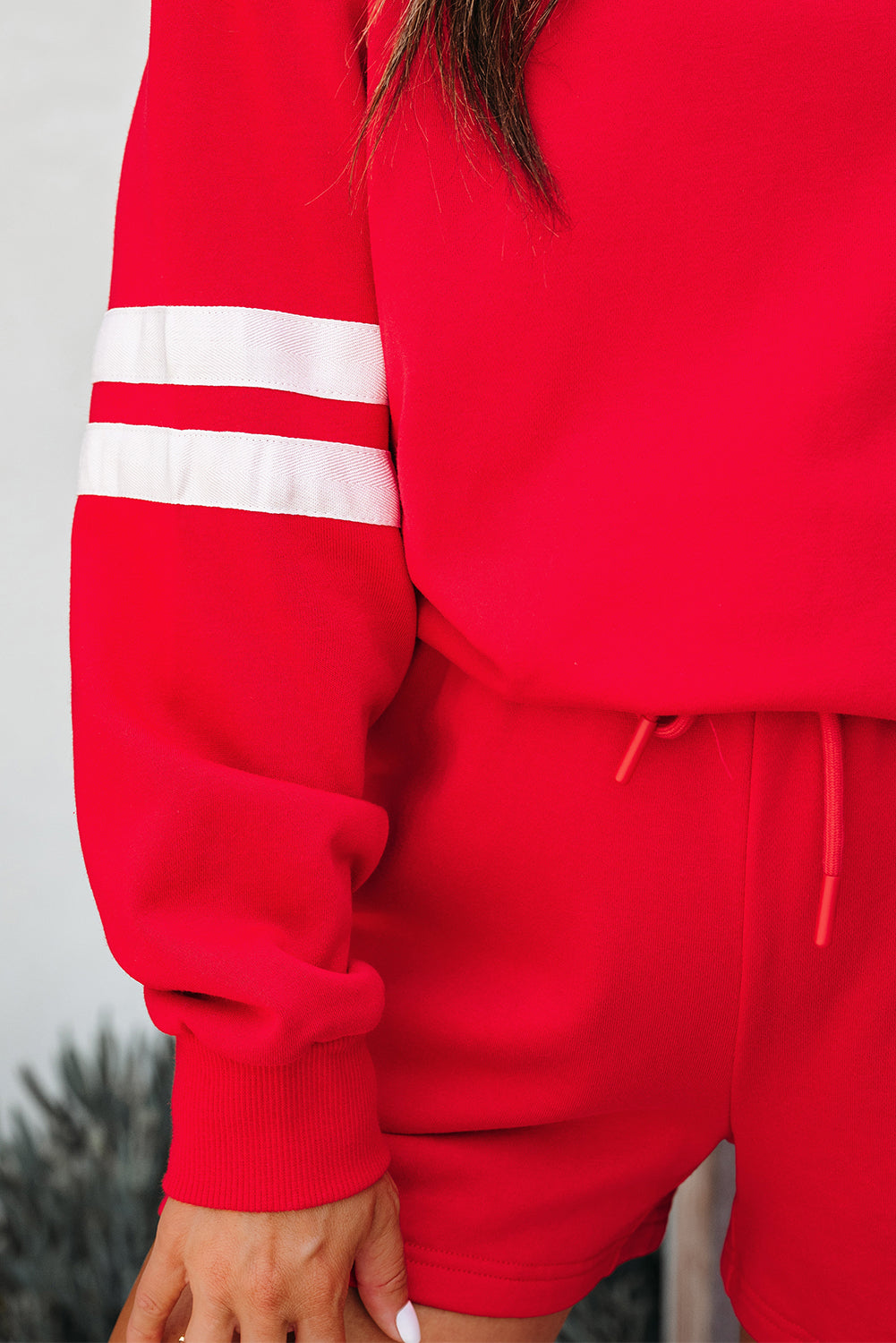 Fiery Red Varsity Striped Sleeve Drop Shoulder Sweatshirt and Short Set-Two Piece Sets/Short Sets-[Adult]-[Female]-2022 Online Blue Zone Planet