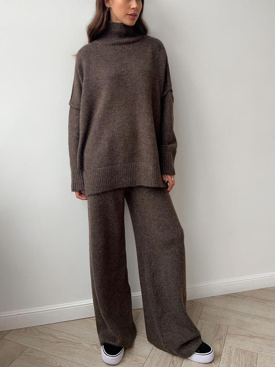 Slit Turtleneck Long Sleeve Top and Pants Sweater Set-TOPS / DRESSES-[Adult]-[Female]-Coffee Brown-One Size-2022 Online Blue Zone Planet