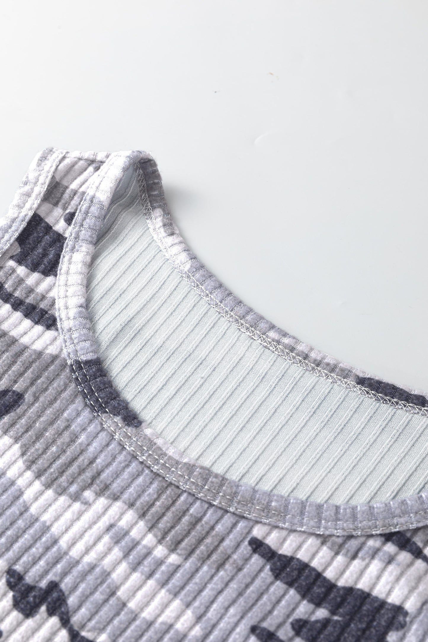 Gray Camouflage Print Ribbed Knit Round Neck Tank Top-Tops/Tank Tops-[Adult]-[Female]-2022 Online Blue Zone Planet