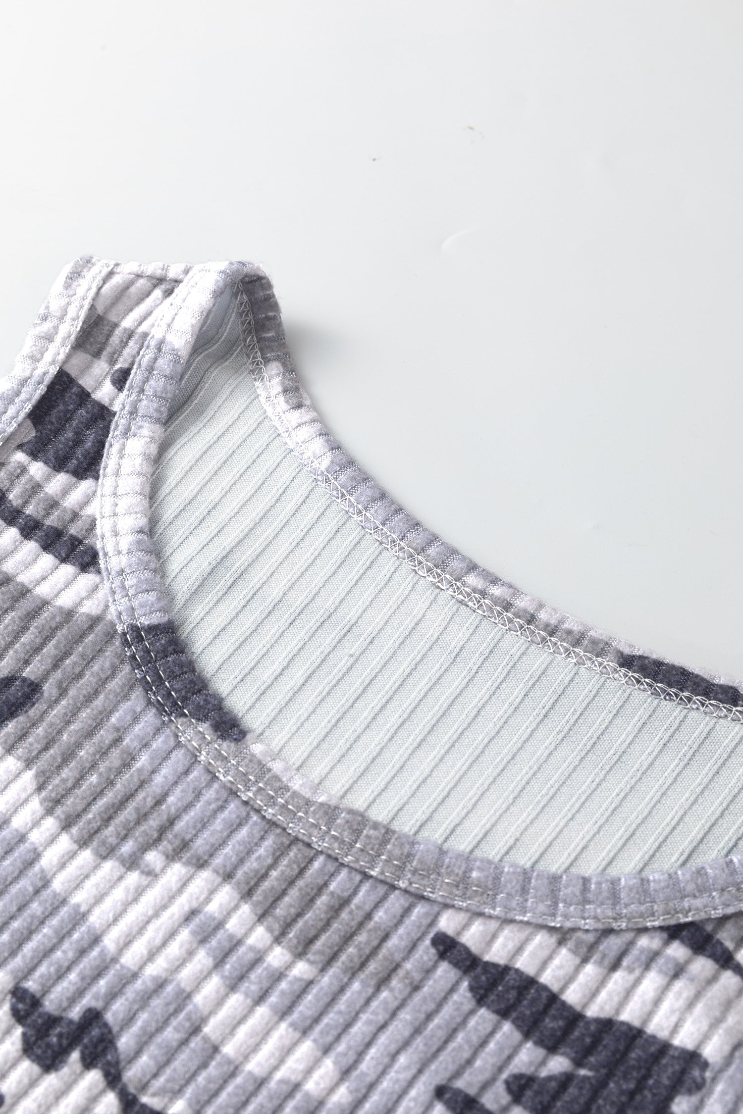 Gray Camouflage Print Ribbed Knit Round Neck Tank Top-Tops/Tank Tops-[Adult]-[Female]-2022 Online Blue Zone Planet