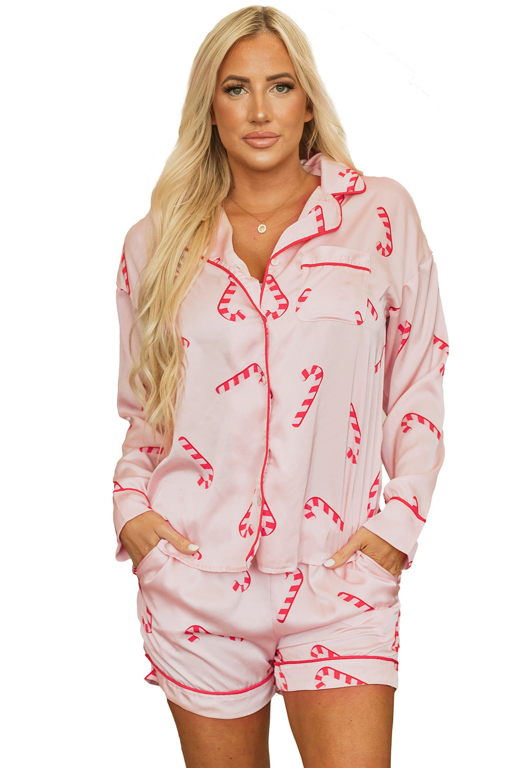 Blue Zone Planet | Pink Christmas Candy Cane Print Shirt and Shorts Pajama Set-TOPS / DRESSES-[Adult]-[Female]-2022 Online Blue Zone Planet