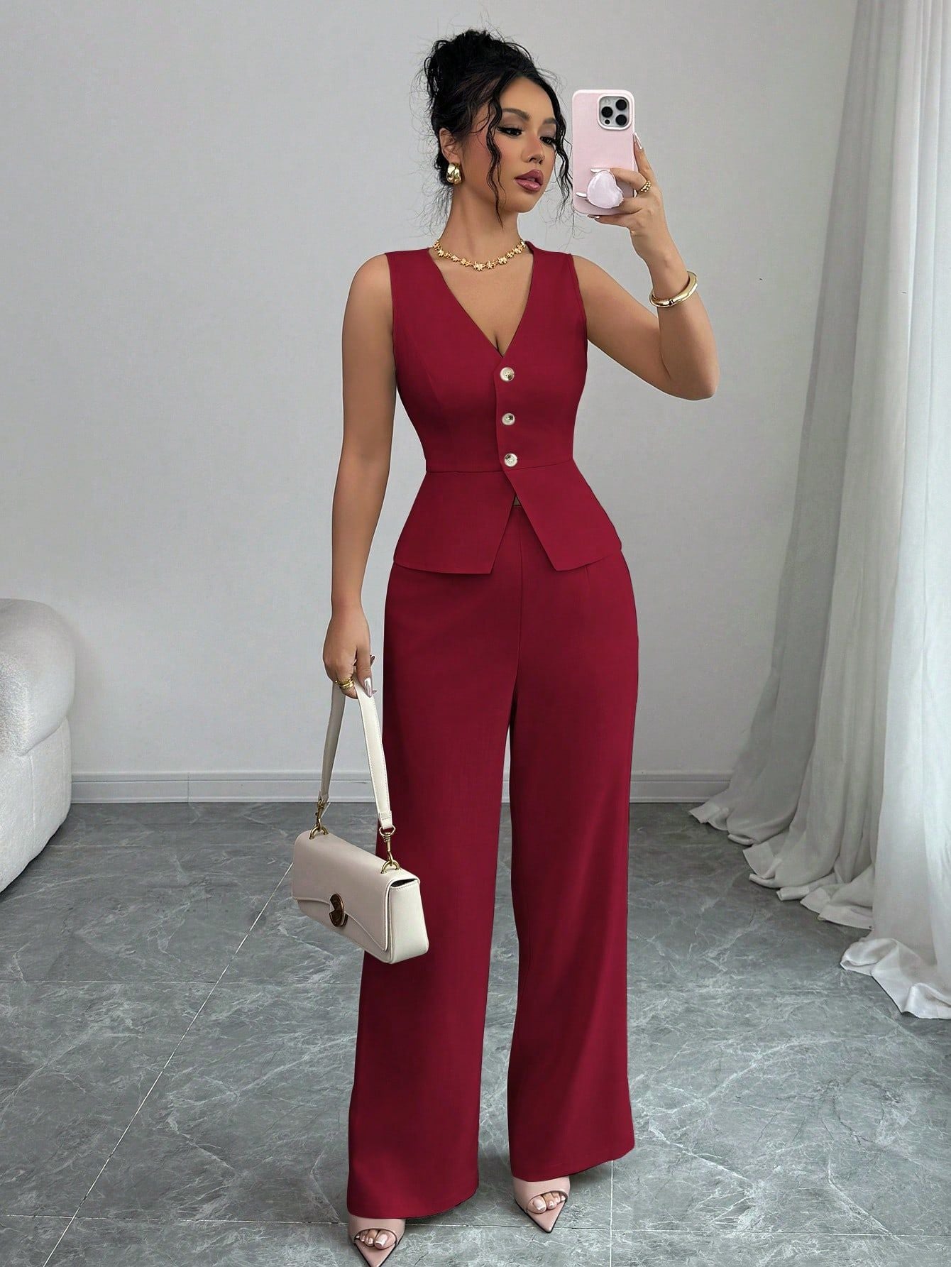 A two-piece set of solid color sleeveless slimming waistcoat and high-waisted trousers for women's clothing