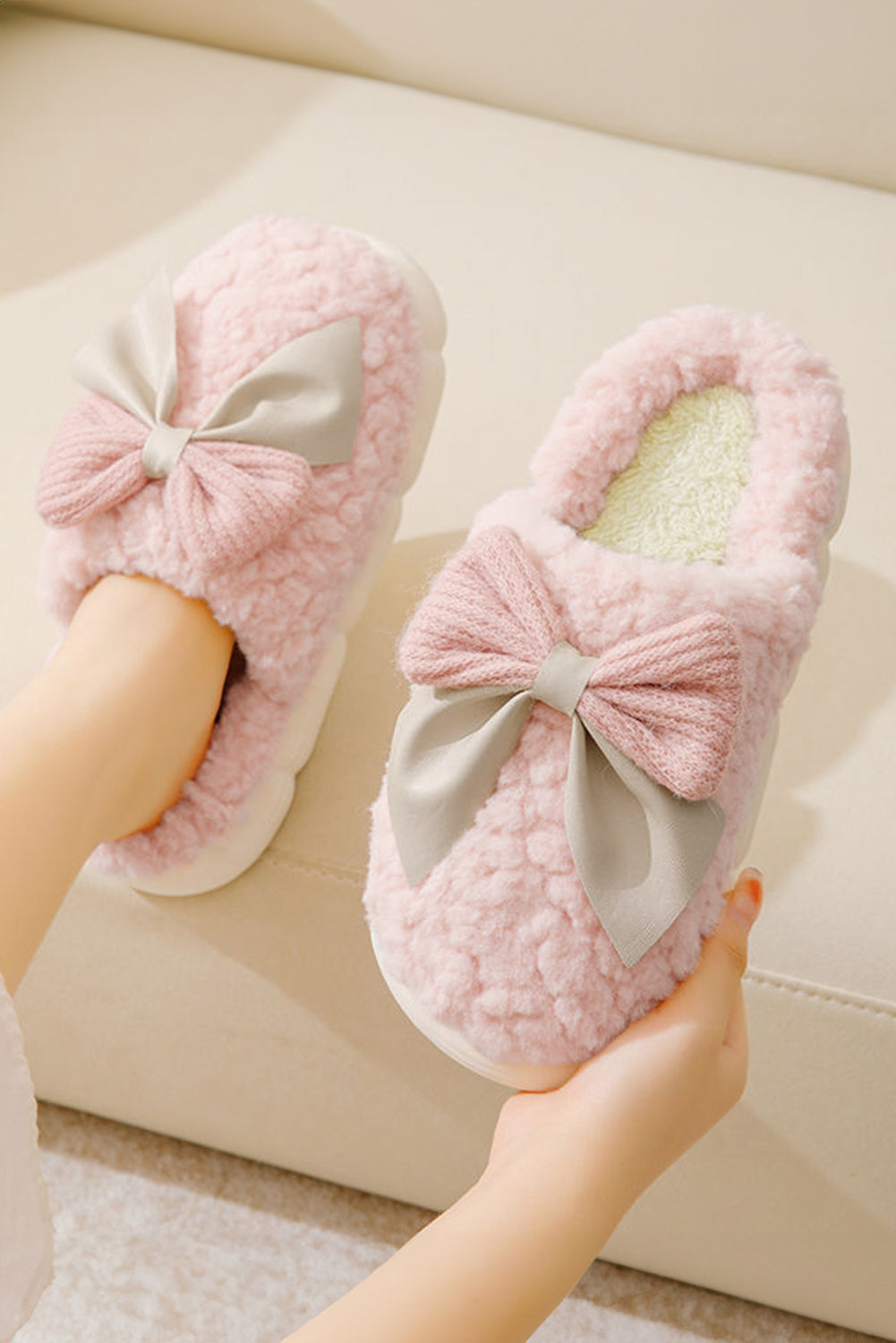 Blue Zone Planet | Pink Contrast Bowknot Applique Plush Winter Slippers-SHOES-[Adult]-[Female]-Pink-37-2022 Online Blue Zone Planet