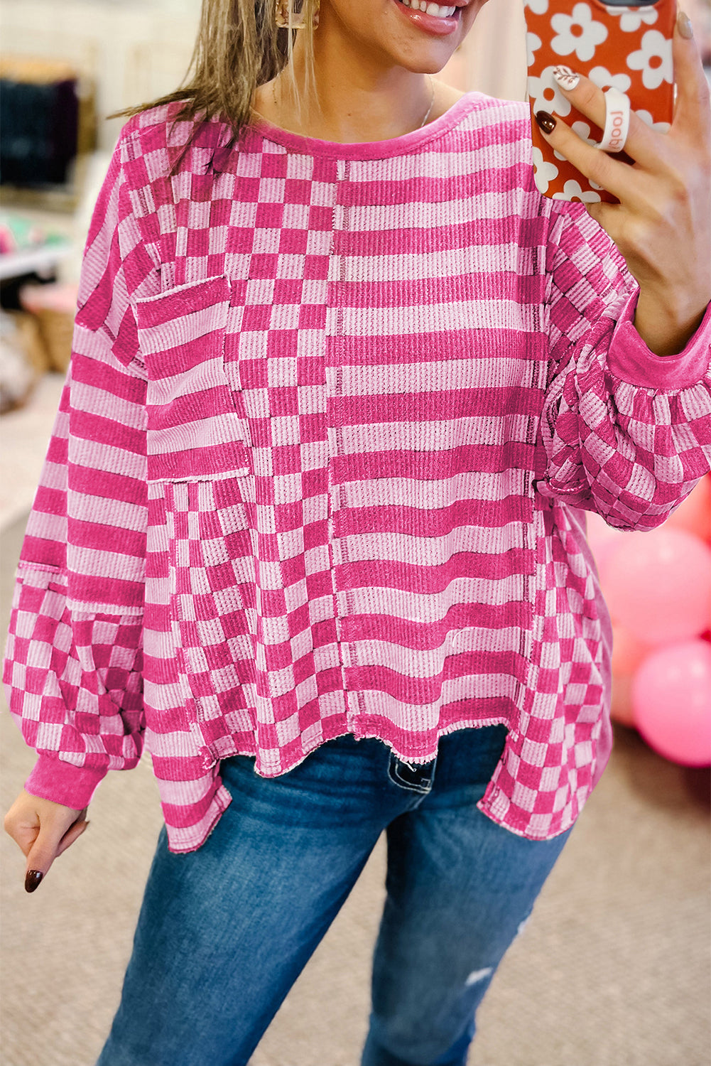 Rose Red Checkerboard Striped Patchwork Lantern Sleeve Pocketed Blouse-Tops/Long Sleeve Tops-[Adult]-[Female]-Rose Red-S-2022 Online Blue Zone Planet