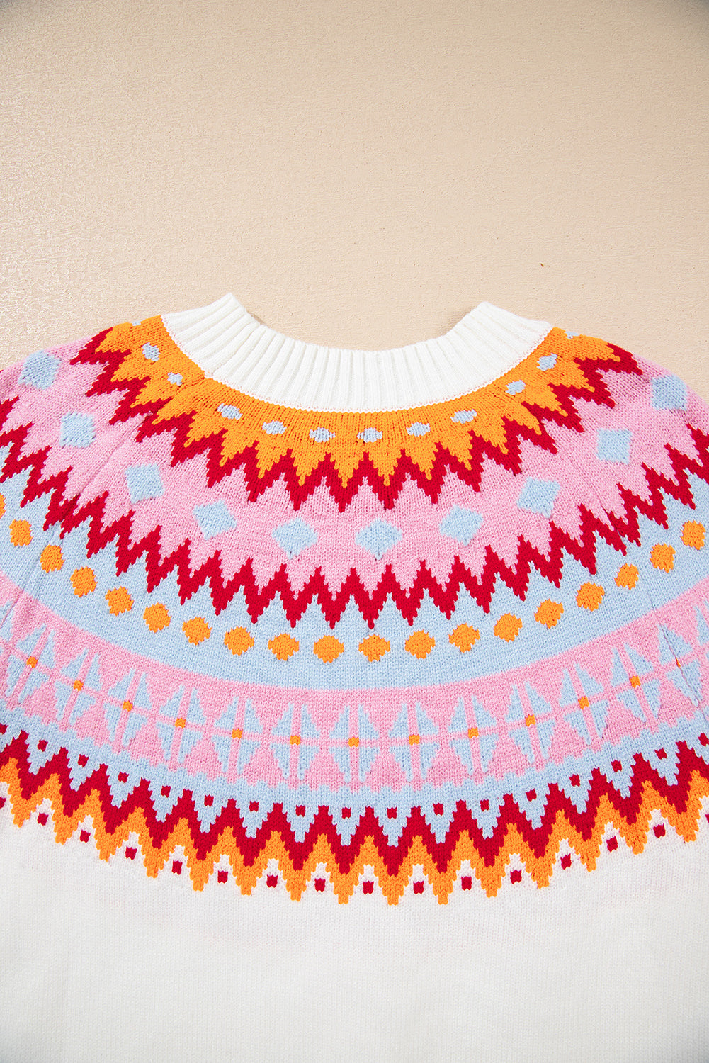 White Ethnic Geometric Colorblock Print Drop Shoulder Sweater-Sweaters & Cardigans/Sweaters-[Adult]-[Female]-2022 Online Blue Zone Planet