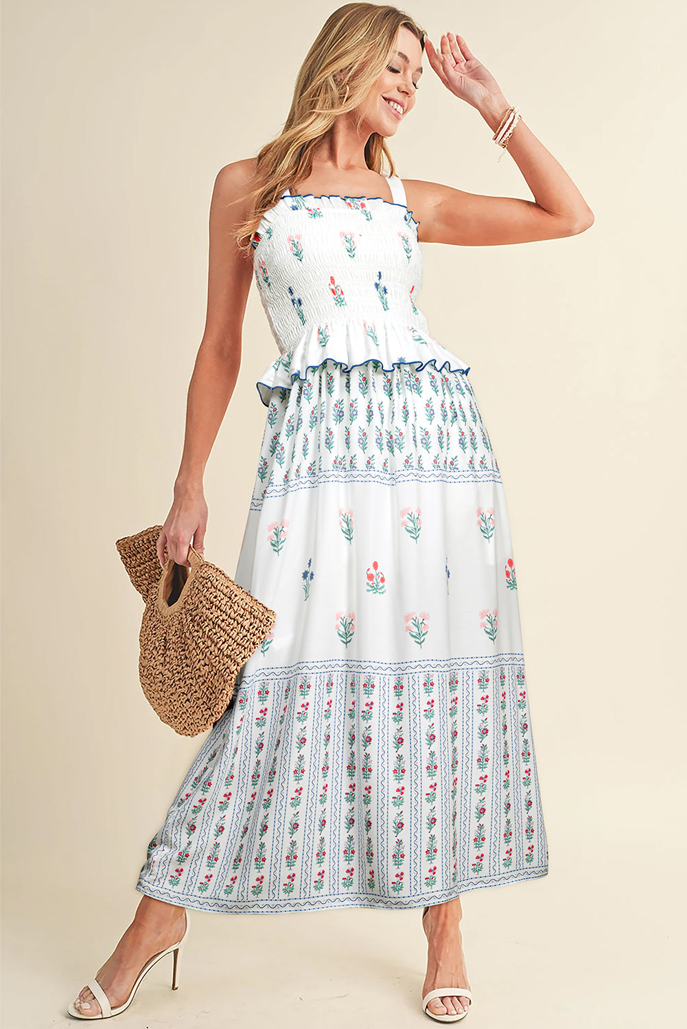 White Floral Print Frill Smocked Bodice Boho Dress-Maxi Dresses-[Adult]-[Female]-2022 Online Blue Zone Planet