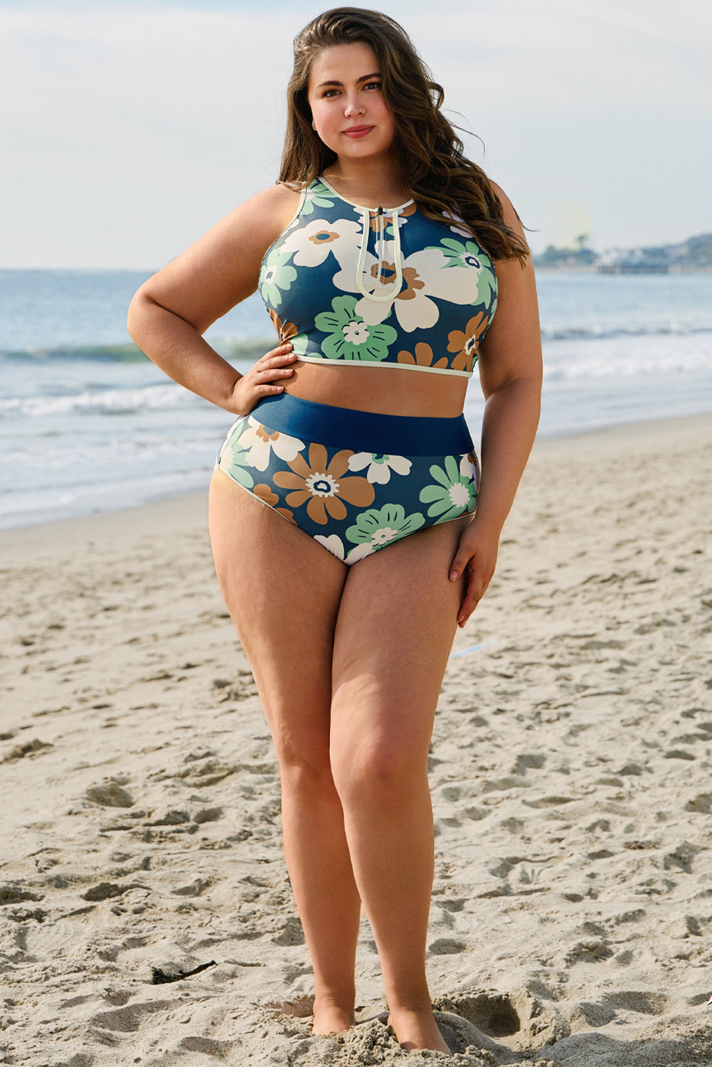 Green Floral Printed Zipped Plus Size Two Pieces Bikini-Plus Size/Plus Size Swimwear-[Adult]-[Female]-2022 Online Blue Zone Planet