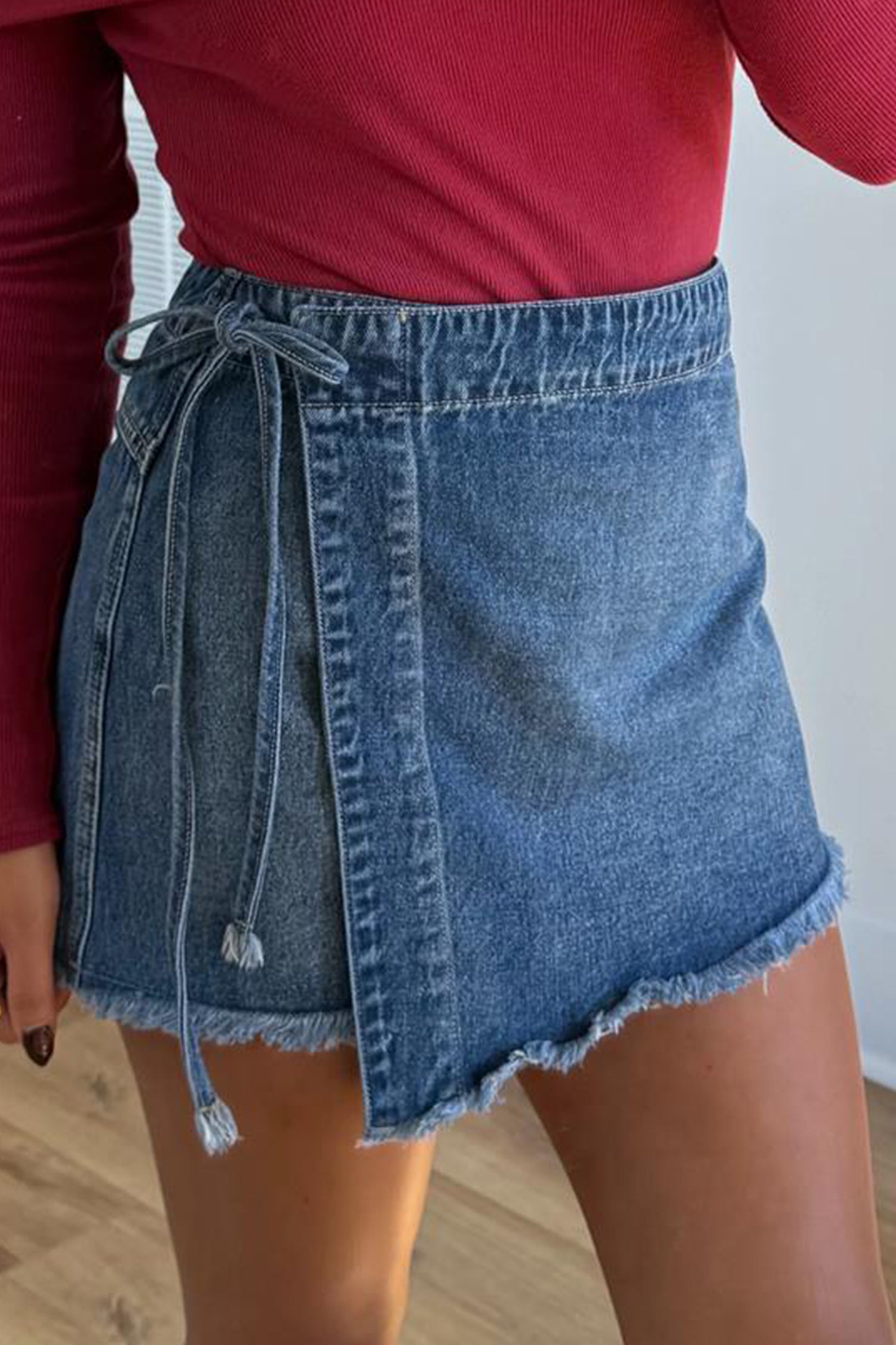 Ashleigh Blue Wrapped Tied Waist Denim Skort-Bottoms/Skirts & Petticoat-[Adult]-[Female]-Ashleigh Blue-4-2022 Online Blue Zone Planet