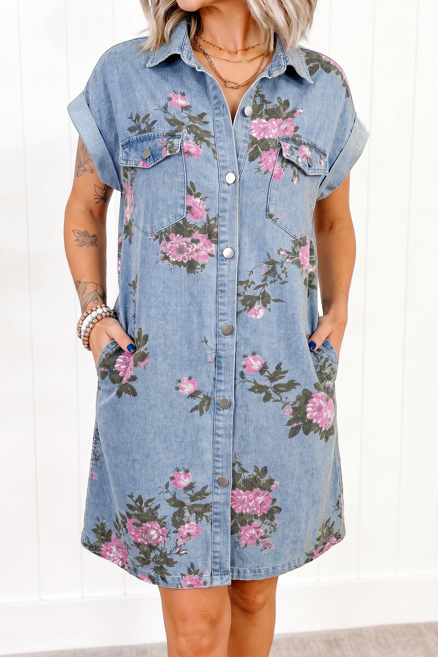 Sky Blue Denim Floral Print Cuffed Short Sleeve Button Down Shift Dress-TOPS / DRESSES-[Adult]-[Female]-2022 Online Blue Zone Planet
