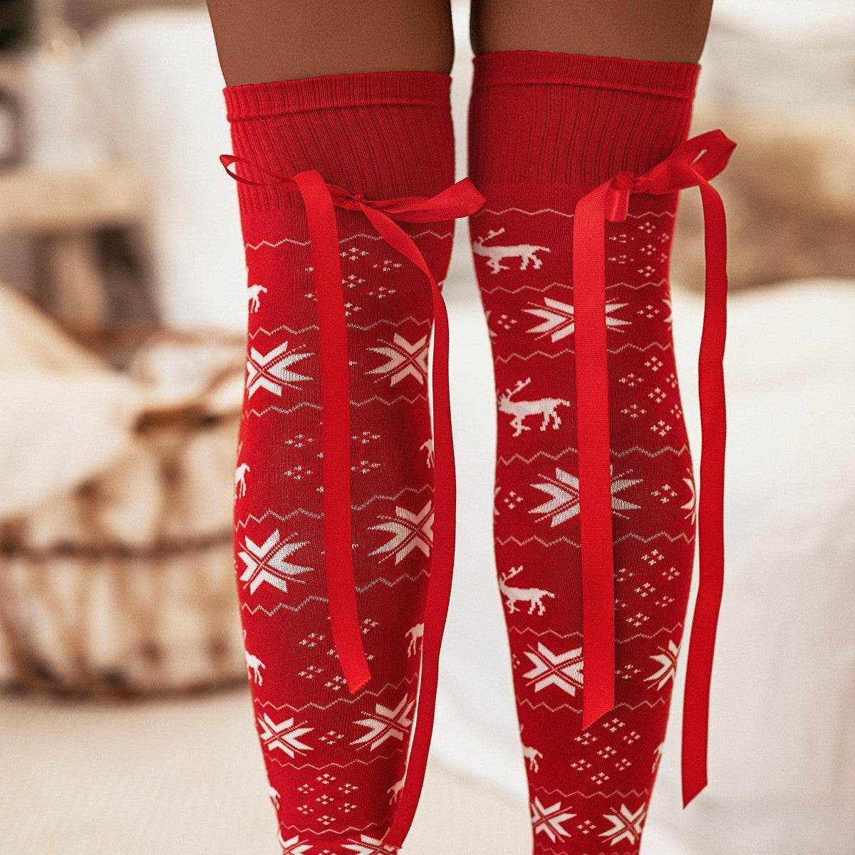 Christmas Element Bowknot Ribbed Trim Over Knee Stockings-STOCKINGS-[Adult]-[Female]-2022 Online Blue Zone Planet