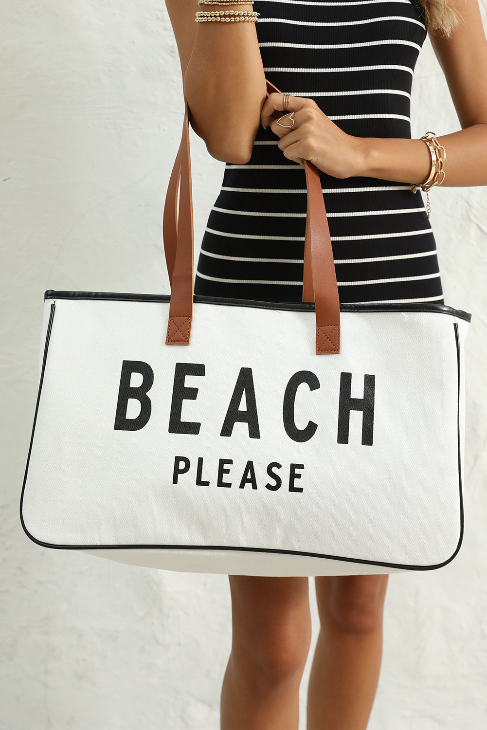 White BEACH PLEASE Print Large Canvas Tote Bag-Shoes & Bags/Handbags-[Adult]-[Female]-2022 Online Blue Zone Planet
