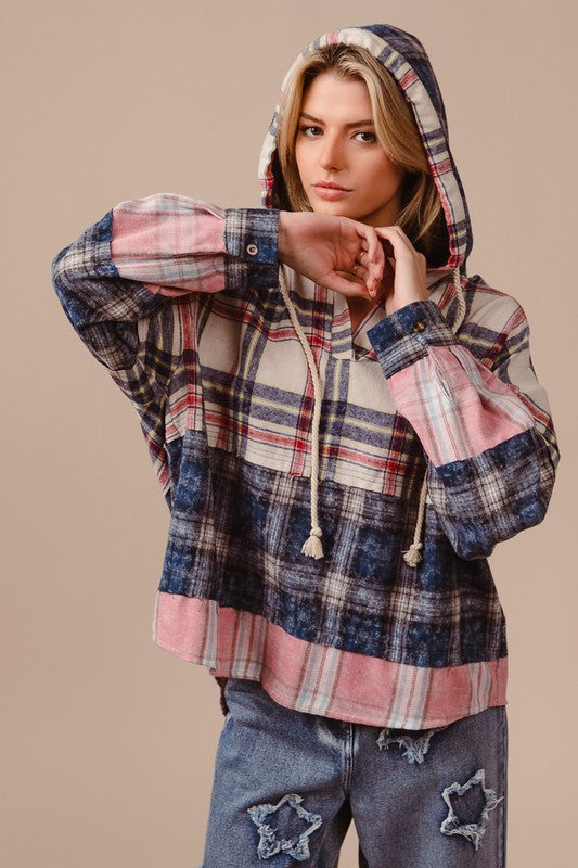 BiBi Drawstring Plaid Drop Shoulder Hoodie-TOPS / DRESSES-[Adult]-[Female]-CREAM/NAVY/MAUVE-S-2022 Online Blue Zone Planet