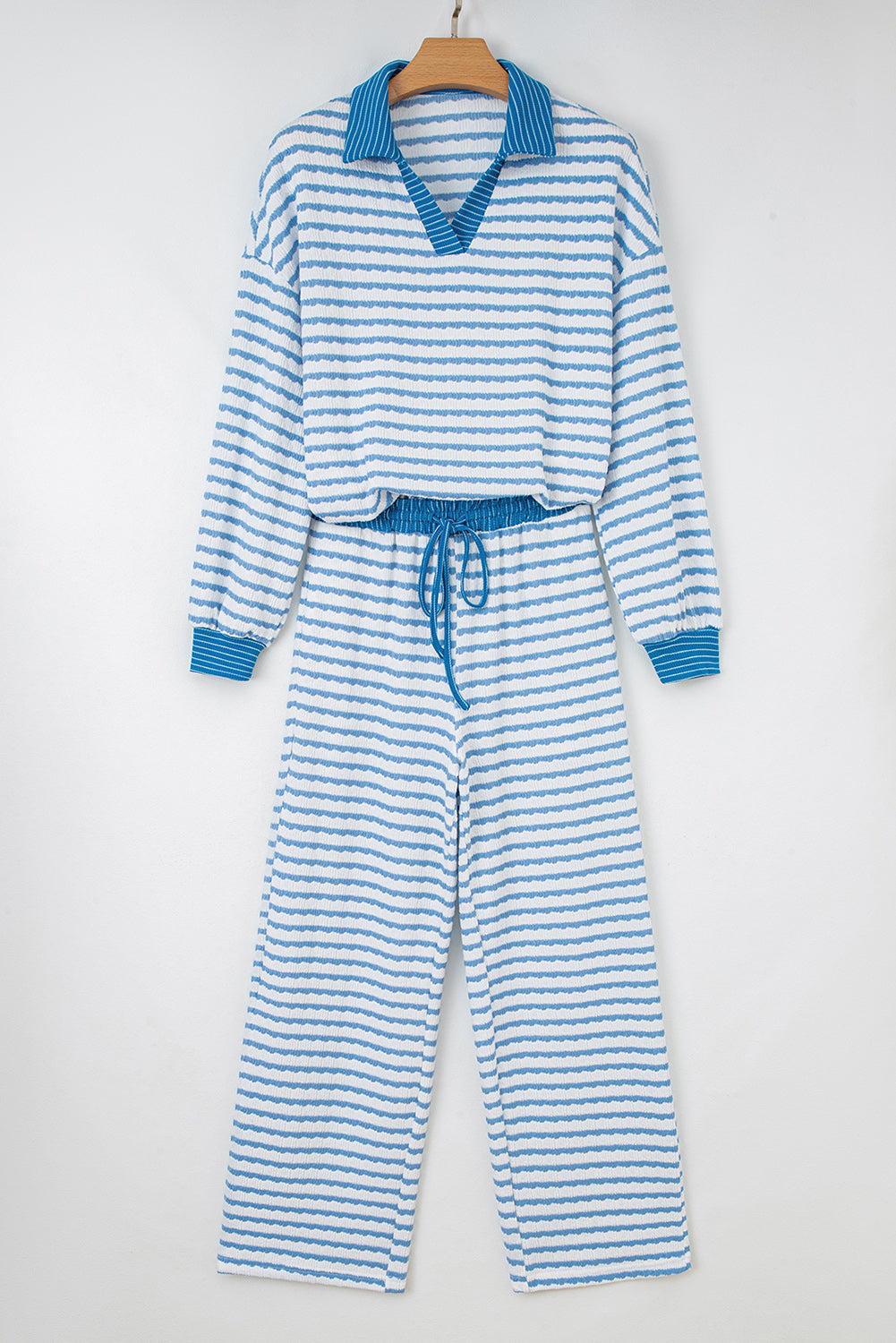 Sky Blue Stripe Collared Pullover Top and Drawstring Pant Set-Two Piece Sets/Pant Sets-[Adult]-[Female]-2022 Online Blue Zone Planet