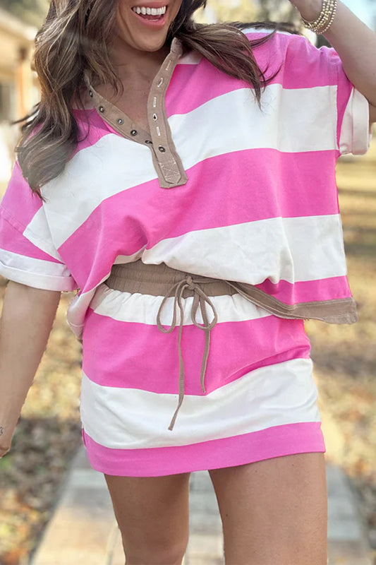 Rose Stripe Colorblock Trim Polo Tee Drawstring Mini Skirt 2pcs Set-Two Piece Sets/Two Piece Dresses-[Adult]-[Female]-Rose Stripe-S-2022 Online Blue Zone Planet