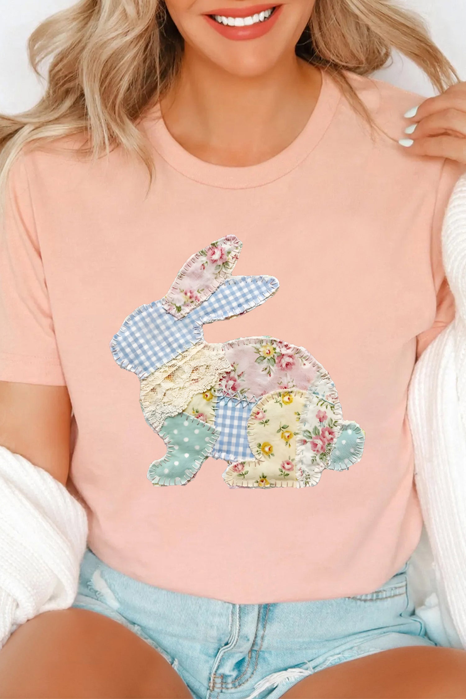 Pink Vibrant Easter Bunny Patchwork Printed T Shirt-Graphic/Graphic Tees-[Adult]-[Female]-2022 Online Blue Zone Planet