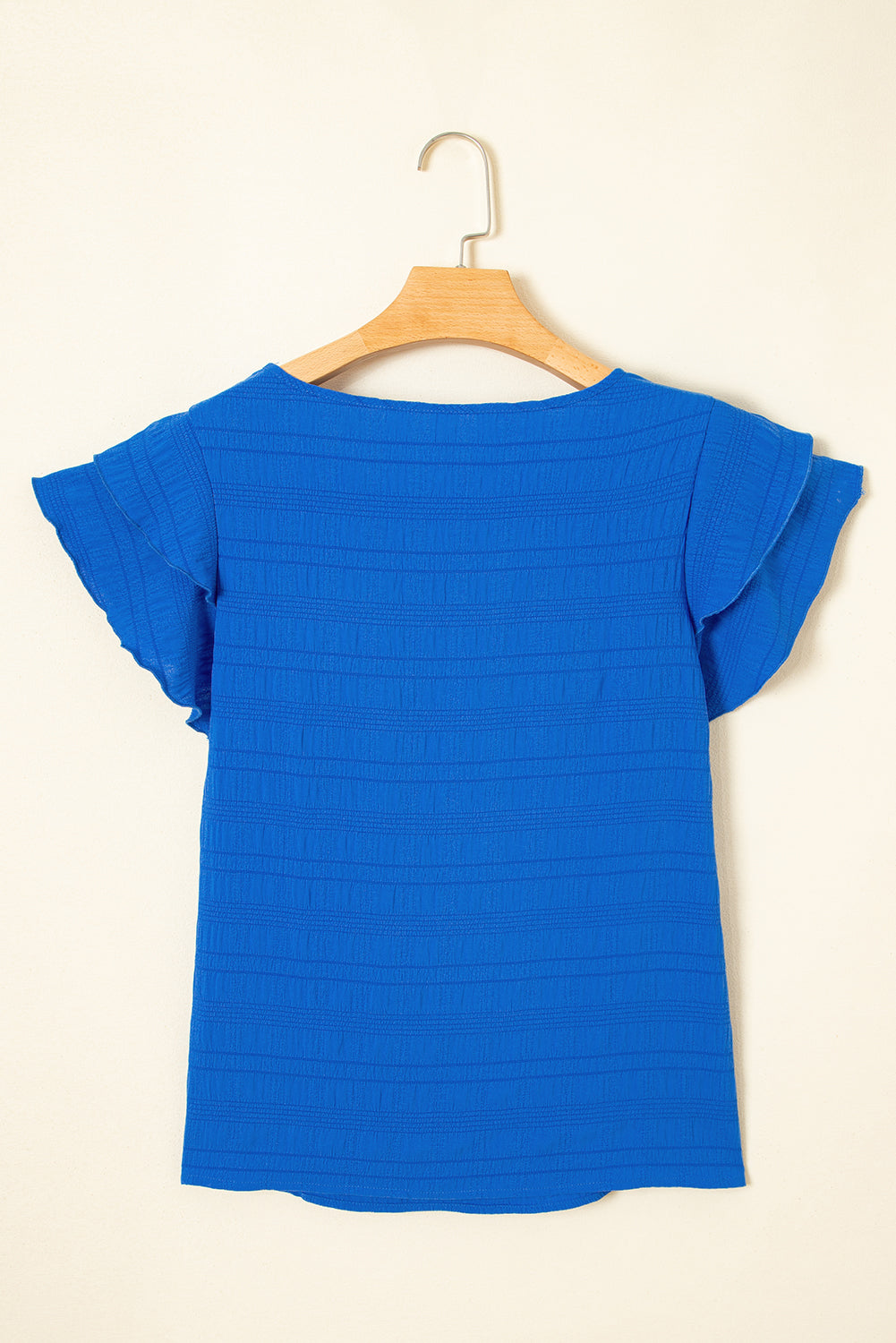 Dark Blue Textured Ruffled Sleeve Round Neck Top-Tops/Tops & Tees-[Adult]-[Female]-2022 Online Blue Zone Planet