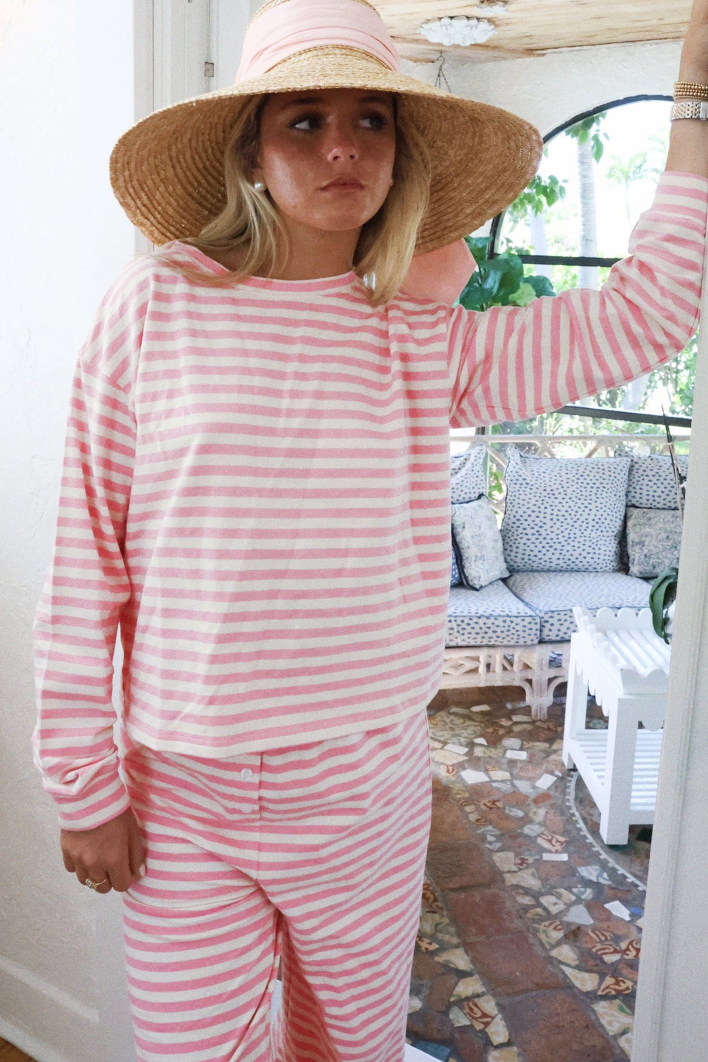 Rose Stripe Drop Shoulder Round Neck Top and Buttoned Straight Pants Two Piece Set-Pre Order Two Piece Sets-[Adult]-[Female]-2022 Online Blue Zone Planet