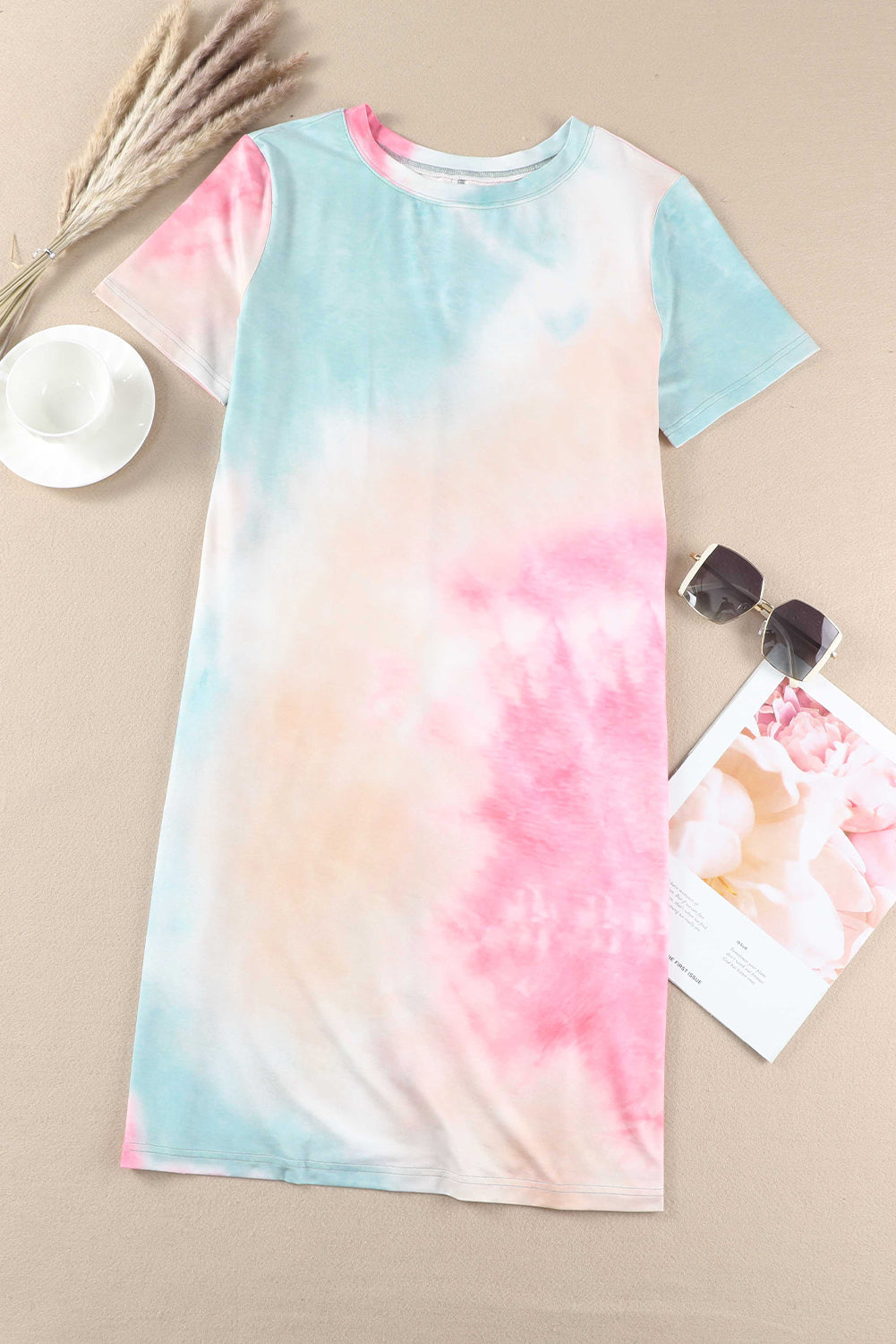 Multicolor Tie Dye Oversized Slit Tee Dress Blue Zone Planet