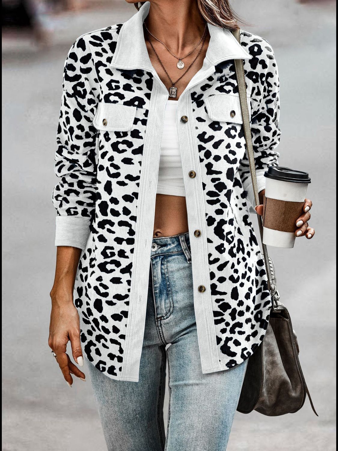 Full Size Leopard Collared Neck Button Up Long Sleeve Jacket-TOPS / DRESSES-[Adult]-[Female]-White-S-2022 Online Blue Zone Planet