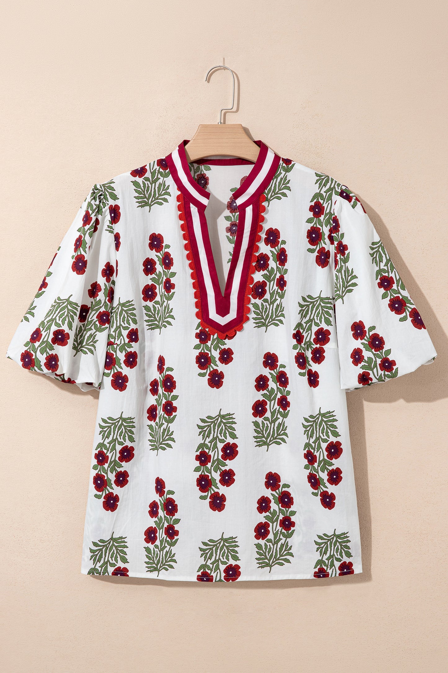 Black Plus Size Floral Print Ricrac Striped Trim Short Sleeve Cotton Blouse-Plus Size/Plus Size Tops/Plus Size Blouses & Shirts-[Adult]-[Female]-2022 Online Blue Zone Planet