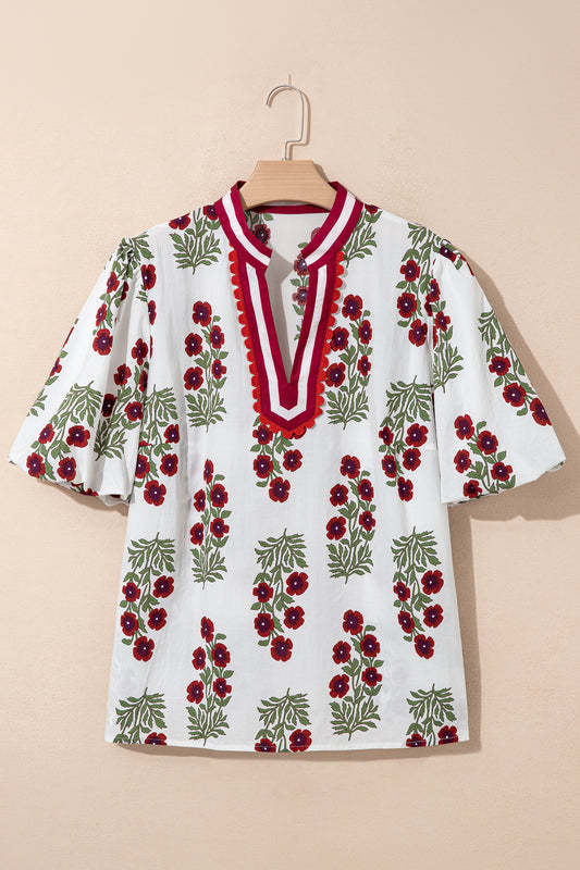 Black Plus Size Floral Print Ricrac Striped Trim Short Sleeve Cotton Blouse-Plus Size/Plus Size Tops/Plus Size Blouses & Shirts-[Adult]-[Female]-2022 Online Blue Zone Planet