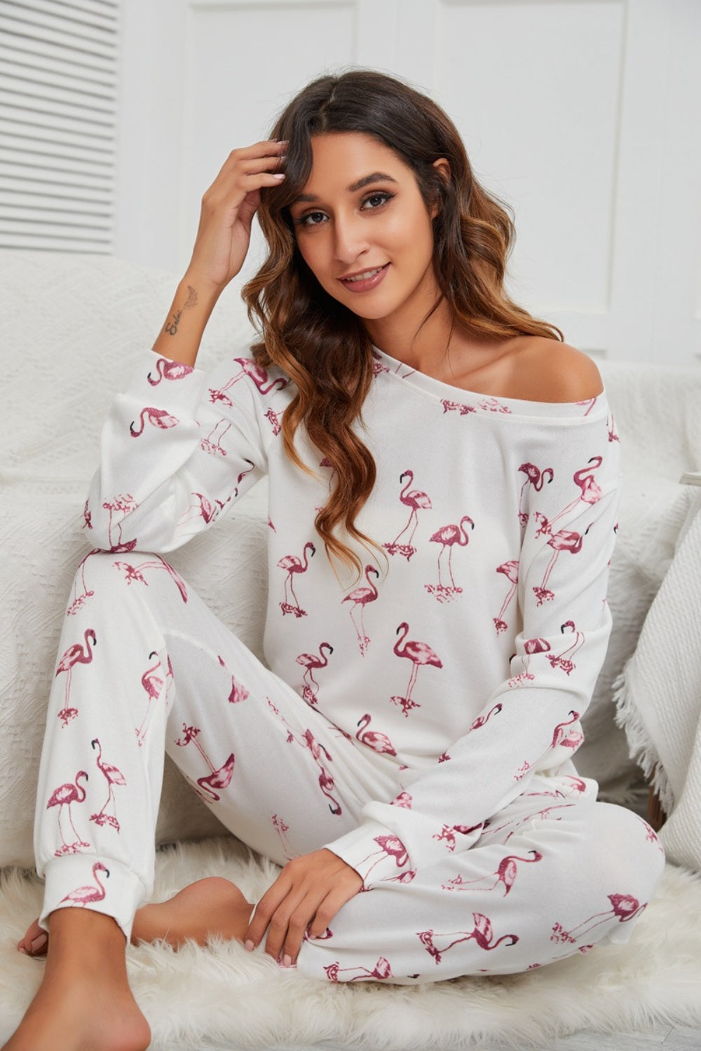 Blue Zone Planet | Flamingo Long Sleeve Top and Pants Lounge Set-TOPS / DRESSES-[Adult]-[Female]-2022 Online Blue Zone Planet