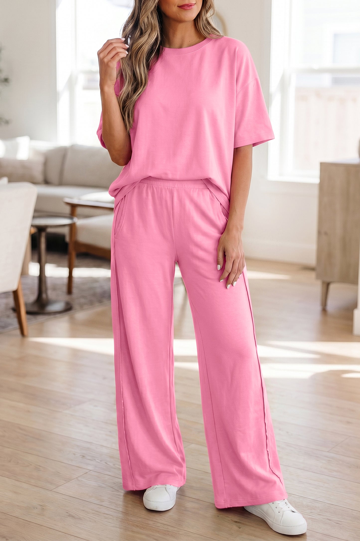 Sachet Pink Solid Cover Oversize Tee Pocketed Casual Pants 2pcs Outfit-Two Piece Sets/Pant Sets-[Adult]-[Female]-2022 Online Blue Zone Planet