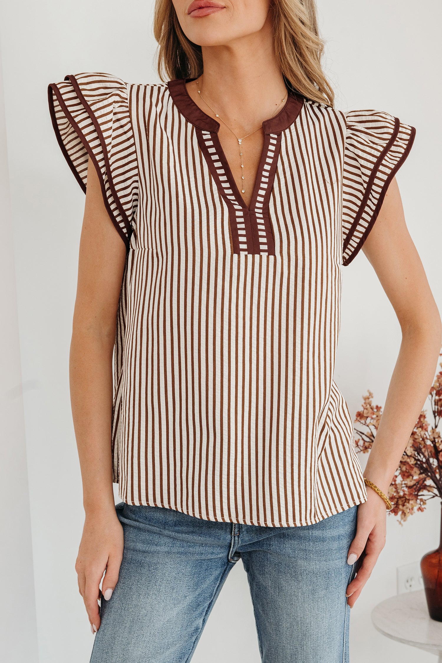 Khaki Stripe Double Ruffled Short Sleeve V Neck Blouse-Tops/Blouses & Shirts-[Adult]-[Female]-2022 Online Blue Zone Planet