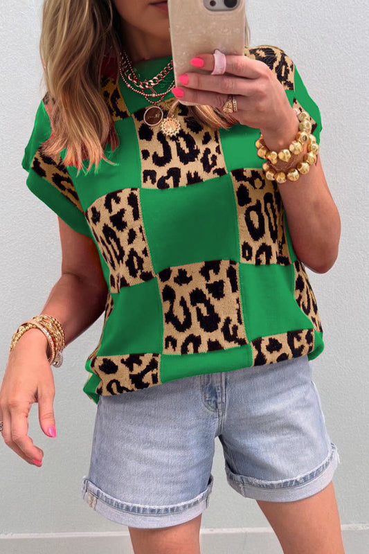 Green Leopard Checkerboard Short Sleeve Knit Sweater-TOPS / DRESSES-[Adult]-[Female]-2022 Online Blue Zone Planet