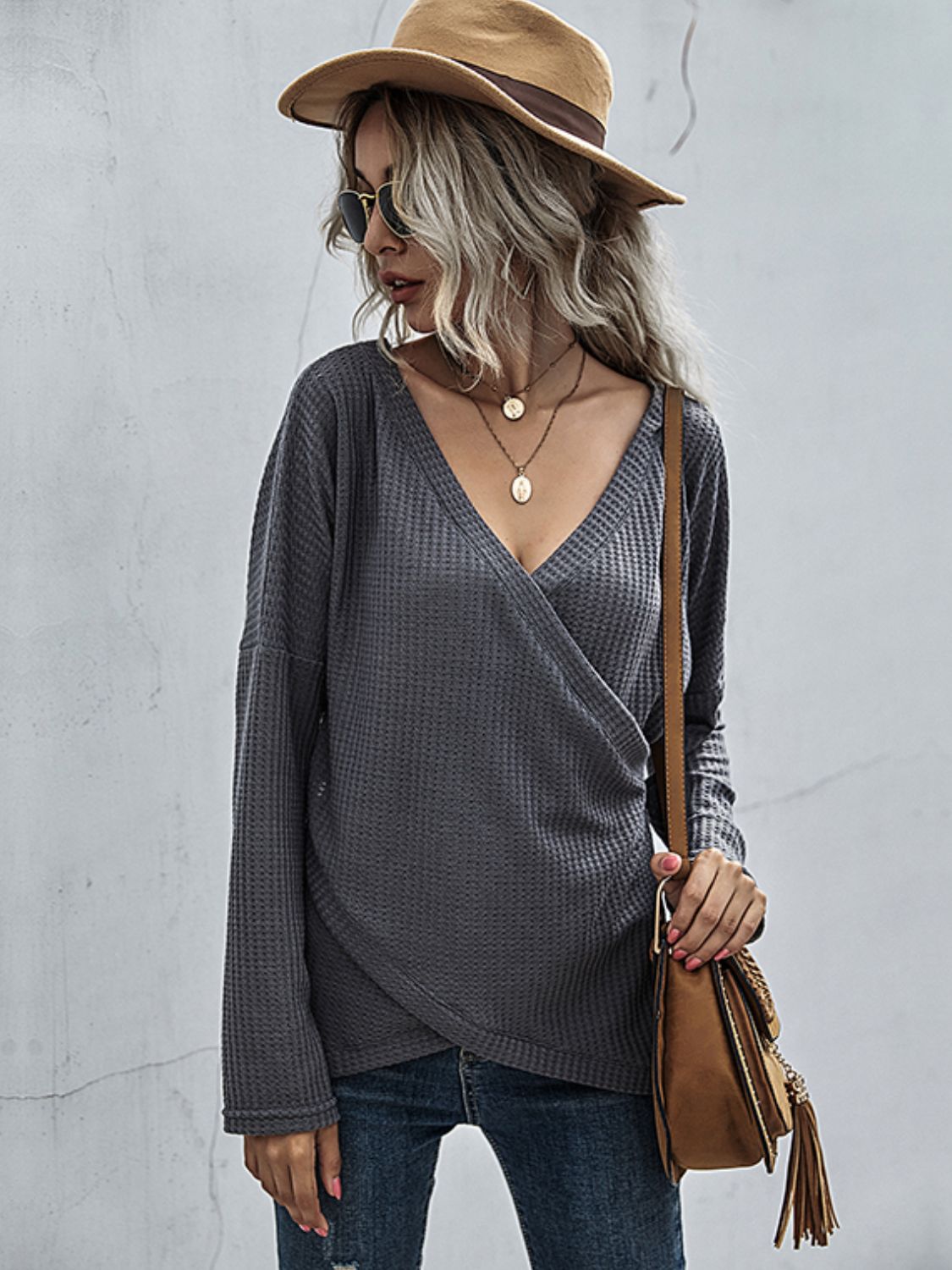 Blue Zone Planet | Perfee Waffle-Knit Surplice Long Sleeve Top-TOPS / DRESSES-[Adult]-[Female]-Dark Gray-S-2022 Online Blue Zone Planet