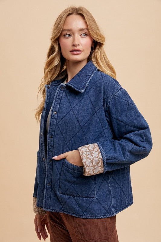 Annie Wear Quilted Printed Lining Snap Down Denim Jacket-TOPS / DRESSES-[Adult]-[Female]-2022 Online Blue Zone Planet