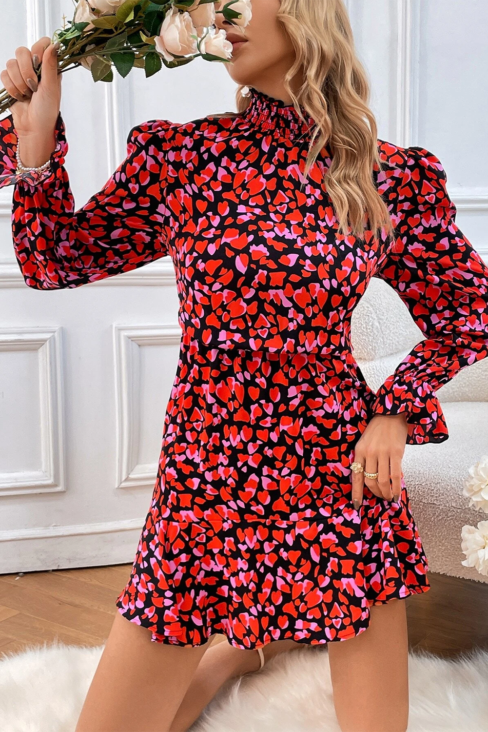 Blue Zone Planet | Red Valentines Day Heart Shape Print Long Sleeve Mini Dress-TOPS / DRESSES-[Adult]-[Female]-2022 Online Blue Zone Planet