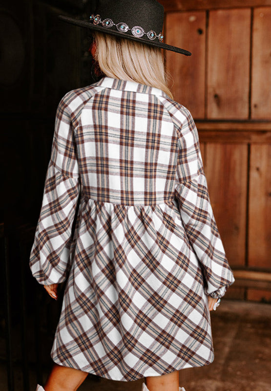 Full Size Plaid Collared Neck Balloon Sleeve Mini Shirt Dress-TOPS / DRESSES-[Adult]-[Female]-2022 Online Blue Zone Planet