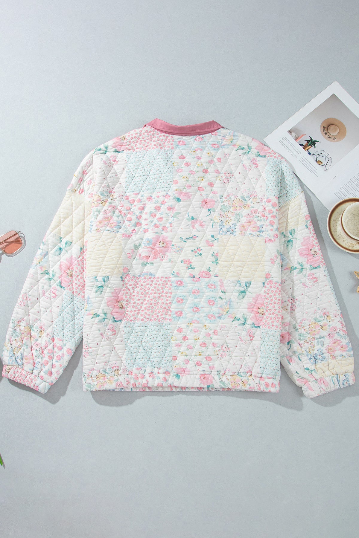 Pink Floral Quilted V-Neck Plus Size Fake Pocket Sweatshirt-Plus Size/Plus Size Sweatshirts & Hoodies-[Adult]-[Female]-2022 Online Blue Zone Planet