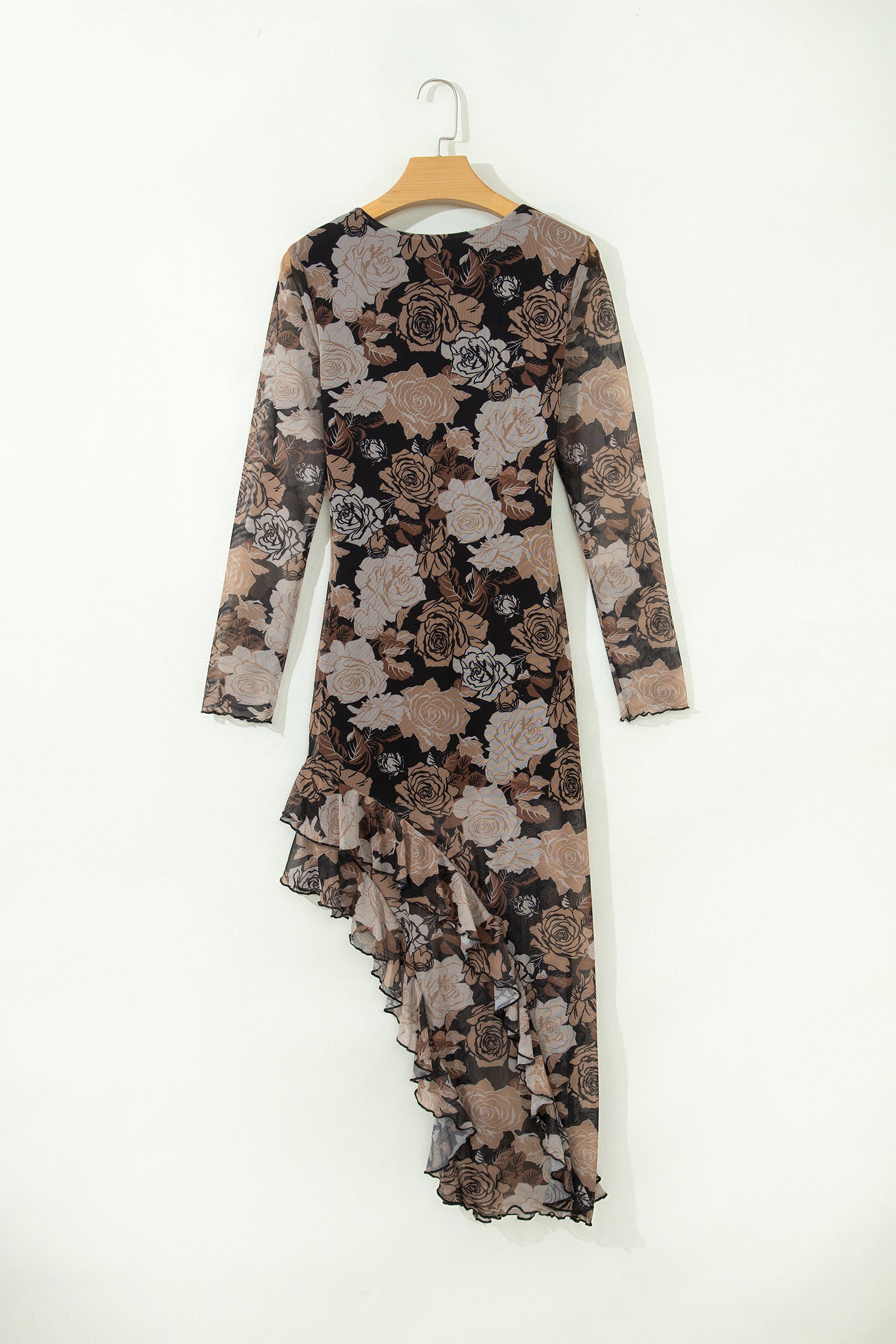 Black Floral Long Sleeve Asymmetric Ruffle Split Hem Mesh Dress-TOPS / DRESSES-[Adult]-[Female]-2022 Online Blue Zone Planet