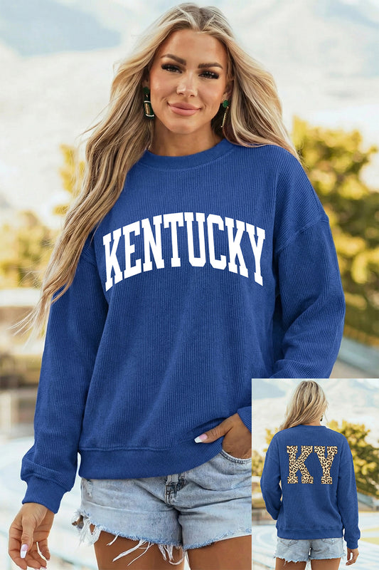 Dark Blue Raised Rib KENTUCKY/ Leopard KY Printed Sweatshirt-Graphic/Graphic Sweatshirts-[Adult]-[Female]-Dark Blue-S-2022 Online Blue Zone Planet