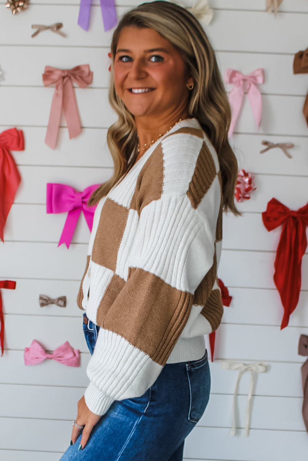 Khaki Checkered Pattern Ribbed Detail Button V Neck Sweater Cardigan-TOPS / DRESSES-[Adult]-[Female]-2022 Online Blue Zone Planet