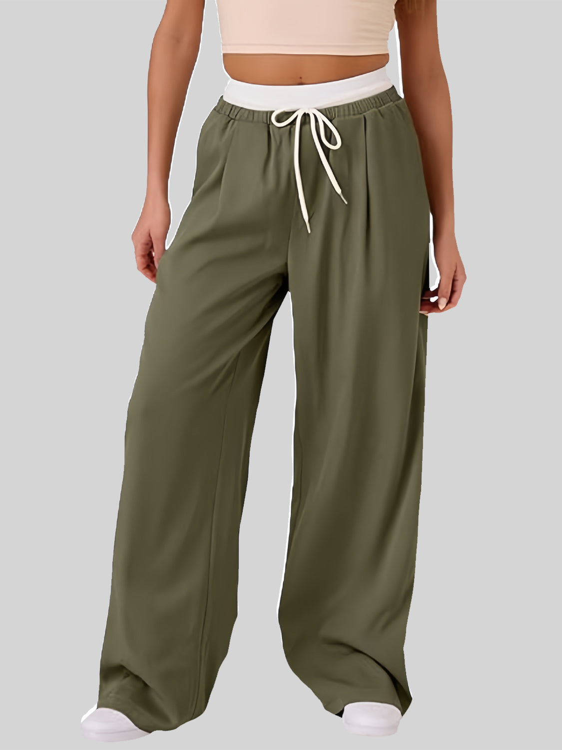 Contrast Waistband Drawstring Wide Leg Pants-BOTTOMS SIZES SMALL MEDIUM LARGE-[Adult]-[Female]-Moss-S-2022 Online Blue Zone Planet