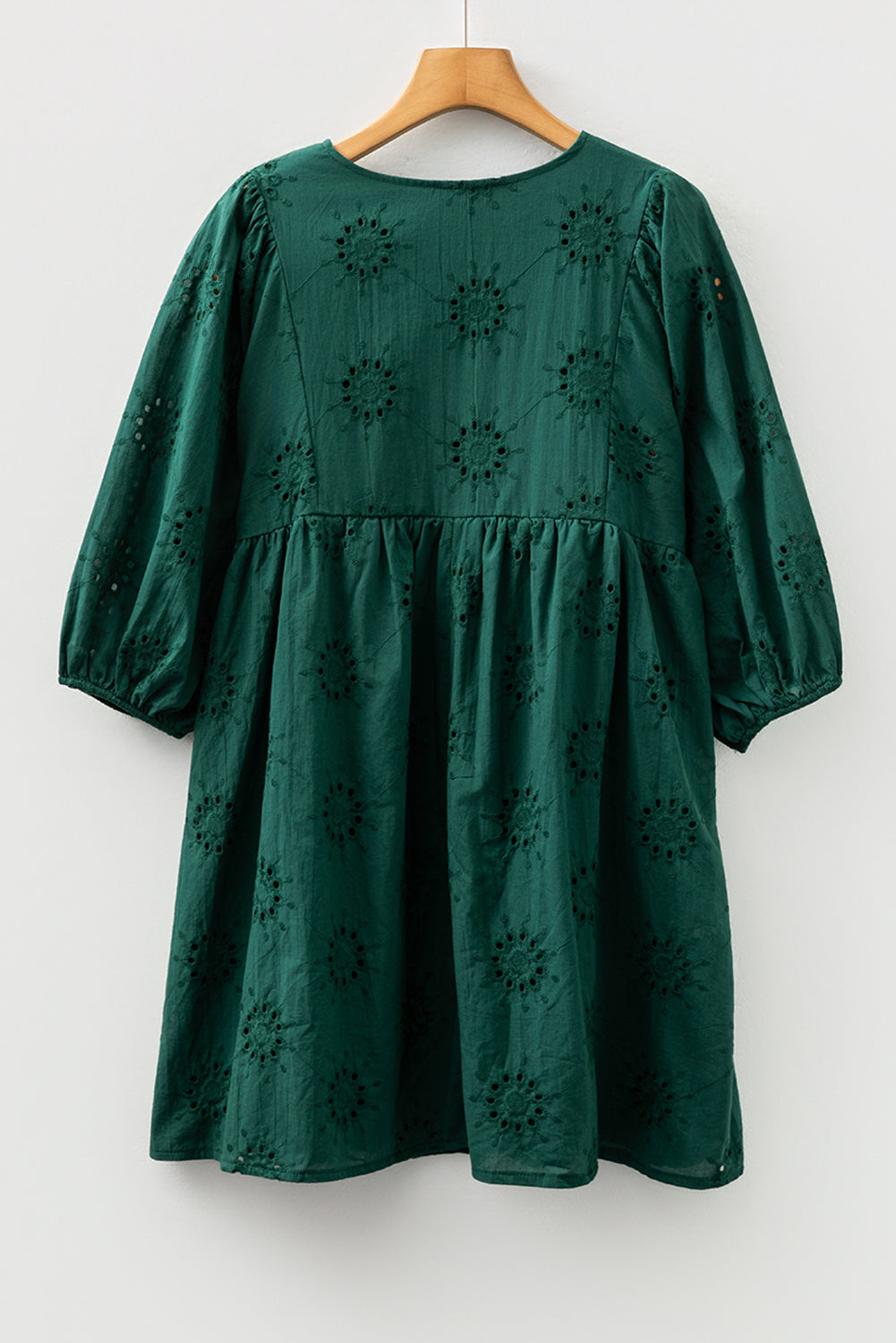 Blackish Green Embroidered Eyelet Pattern 3/4 Puffy Sleeve Swing Mini Dress-Dresses/Mini Dresses-[Adult]-[Female]-2022 Online Blue Zone Planet