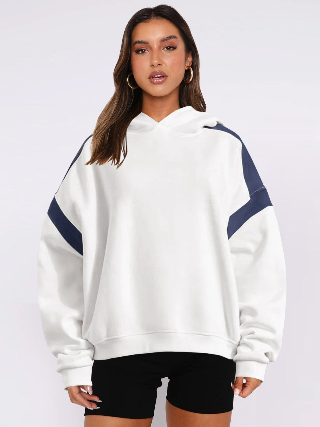 Contrast Dropped Shoulder Long Sleeve Hoodie-TOPS / DRESSES-[Adult]-[Female]-White-S-2022 Online Blue Zone Planet