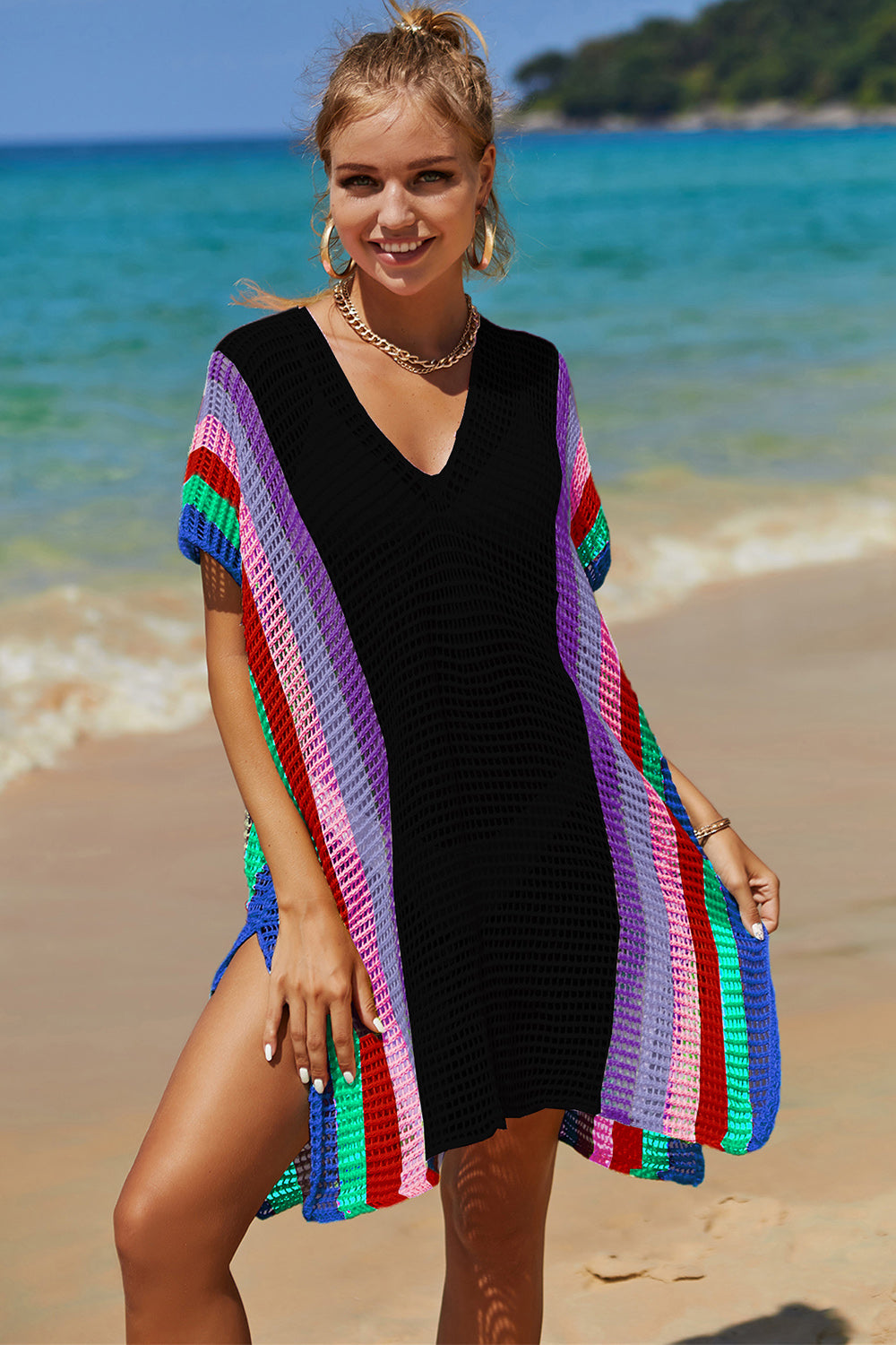 Blue Zone Planet | Angel Wings Openwork Striped Slit Knit Cover Up-TOPS / DRESSES-[Adult]-[Female]-2022 Online Blue Zone Planet