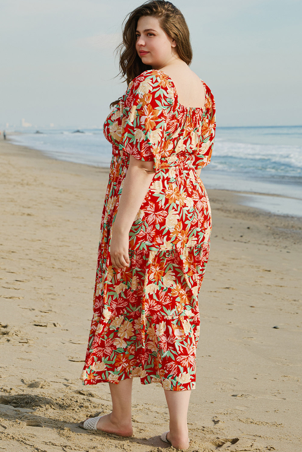Orange Plus Size Floral V Neck Cinched Waist Maxi Dress-Plus Size Dresses-[Adult]-[Female]-2022 Online Blue Zone Planet