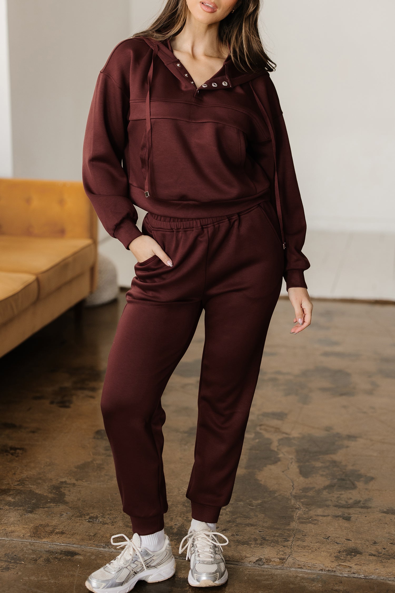 Chicory Coffee Button Drawstring Cropped Hoodie Jogger 2pcs Set-Tops / Dresses-[Adult]-[Female]-2022 Online Blue Zone Planet