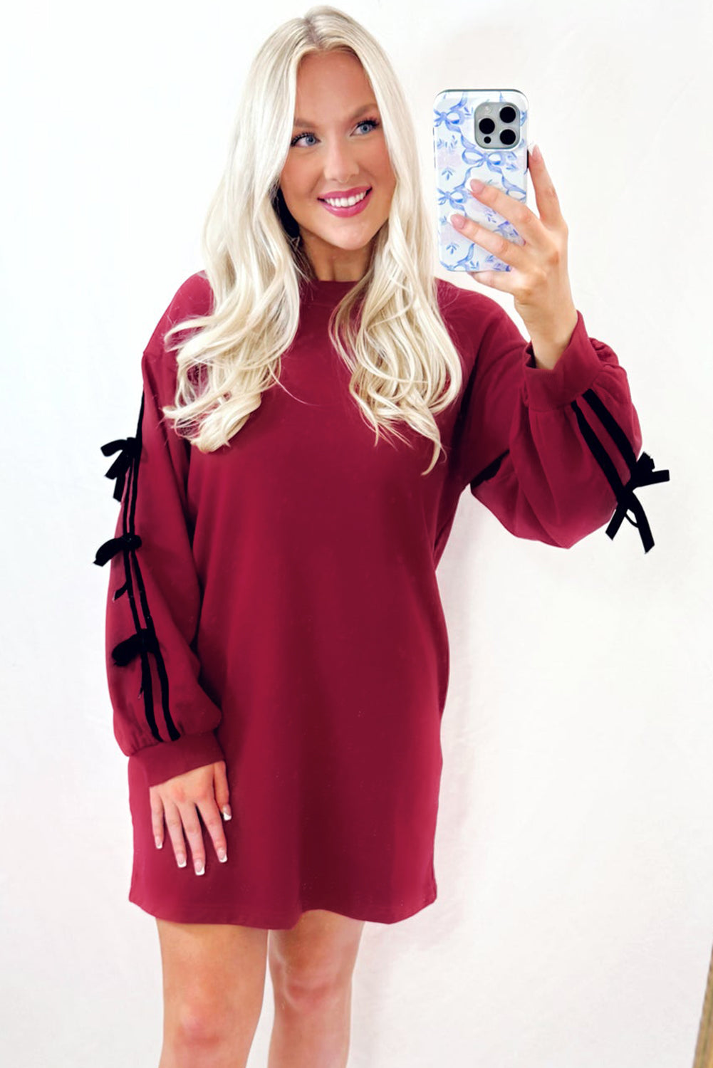 Racing Red Contrast Striped Bow Detail Drop Shoulder Sweatshirt Dress with Pockets-TOPS / DRESSES-[Adult]-[Female]-2022 Online Blue Zone Planet