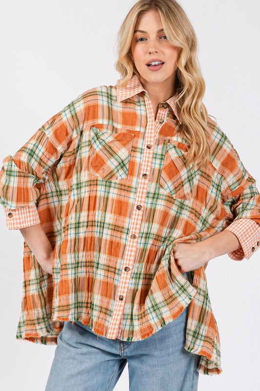 SAGE + FIG Side Slit Plaid Button Down Long Sleeve Shirt-TOPS / DRESSES-[Adult]-[Female]-Savanna-S-2022 Online Blue Zone Planet