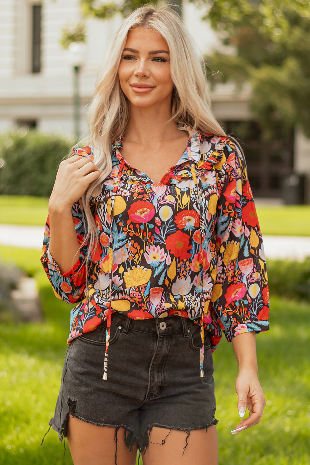 Black Floral 3/4 Puff Sleeve Tied Neck Blouse-Tops/Blouses & Shirts-[Adult]-[Female]-2022 Online Blue Zone Planet