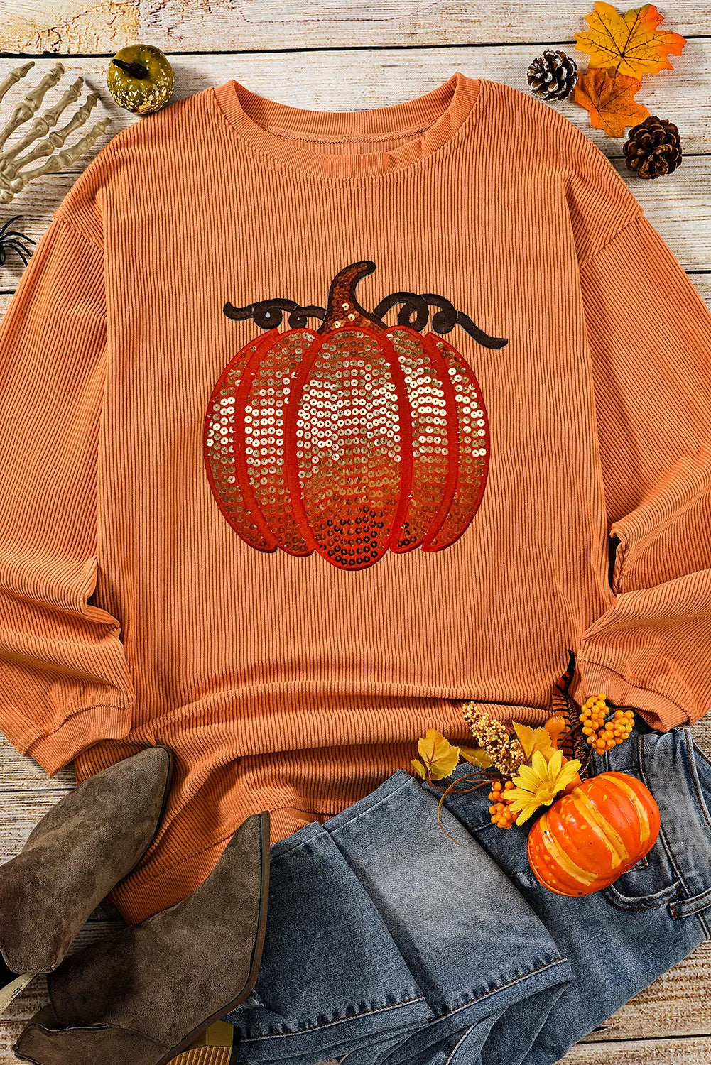 Sequin Pumpkin Round Neck Long Sleeve Sweatshirt-TOPS / DRESSES-[Adult]-[Female]-2022 Online Blue Zone Planet