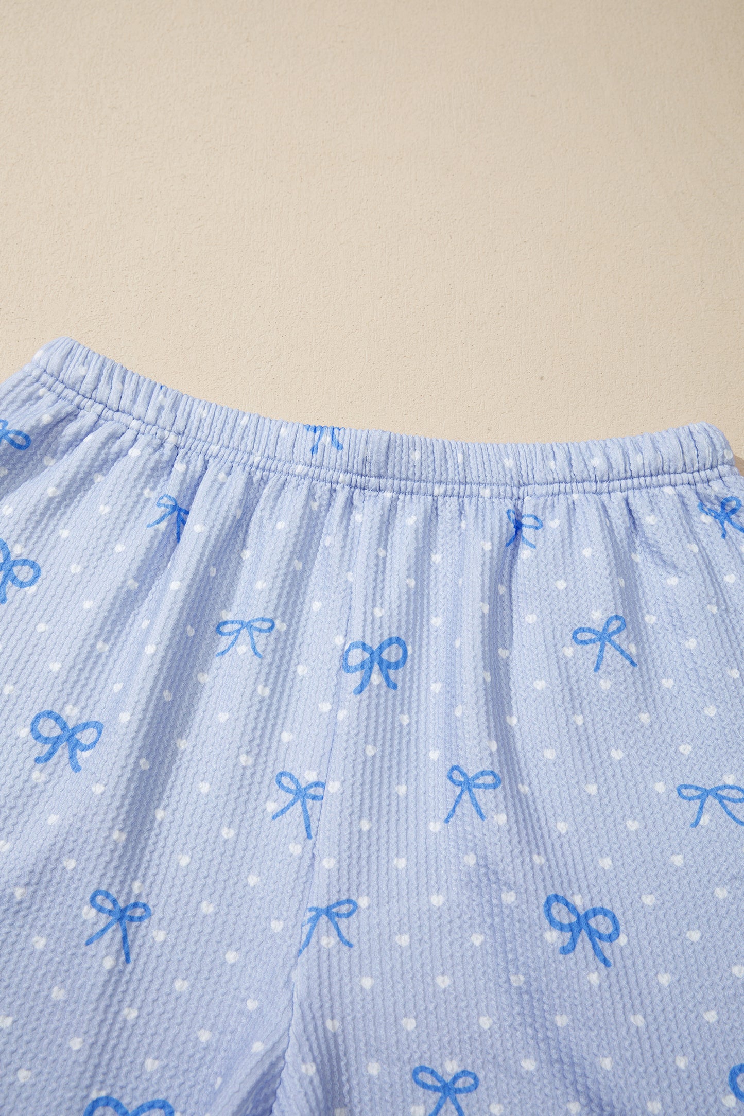 Sky Blue Tiny Heart Bow Print Twisted Rib Loose 2pcs Short Set-Two Piece Sets/Short Sets-[Adult]-[Female]-2022 Online Blue Zone Planet