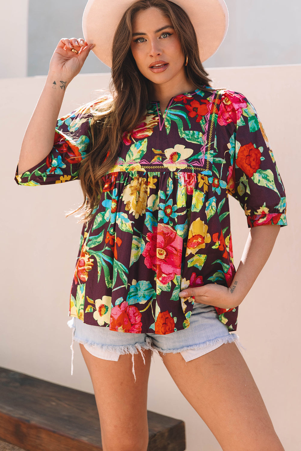 Greyish Purple Rose Flower Embroidered Trim Half Sleeve Blouse-Tops/Blouses & Shirts-[Adult]-[Female]-2022 Online Blue Zone Planet