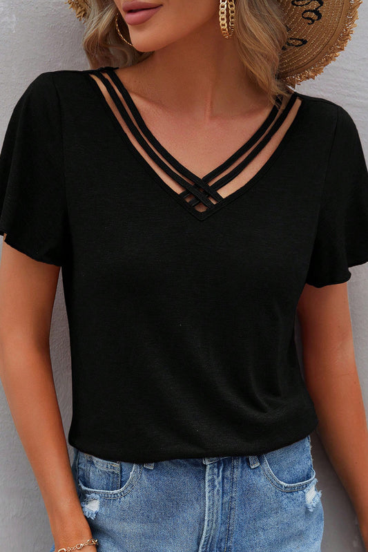 Black Crisscross V Neck Butterfly Sleeve T Shirt-Tops/Tops & Tees-[Adult]-[Female]-Black-S-2022 Online Blue Zone Planet